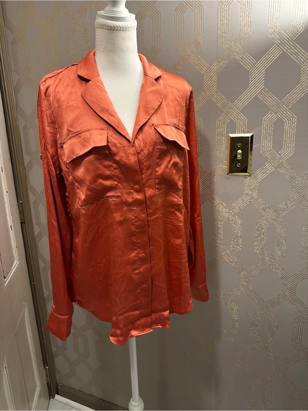 White House Black Market Satin Button-Down Blouse in Dark Coral